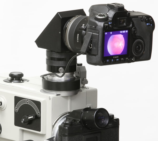 Topcon TRC-50VT with upper-port diagonal adapter for Canon digital camera (closeup view)