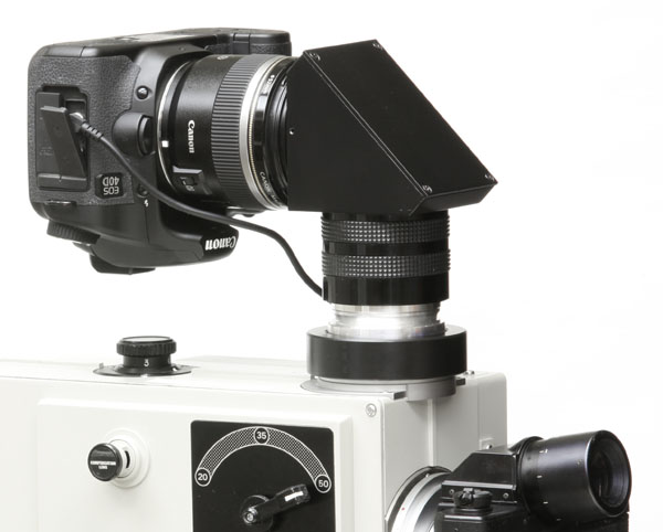 Topcon unit with upper-port diagonal adapter for Canon digital camera