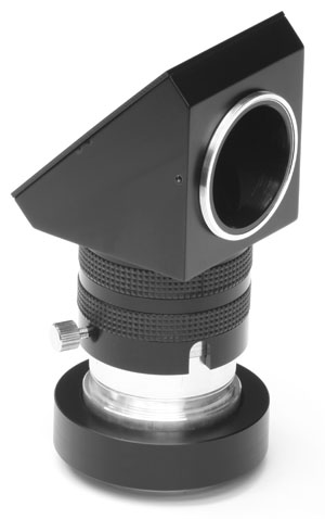 Topcon TRC-50VT upper-port diagonal adapter for Canon digital camera (showing lens end)